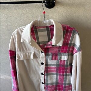 Pink and Gray Plaid Button-Up Shirt